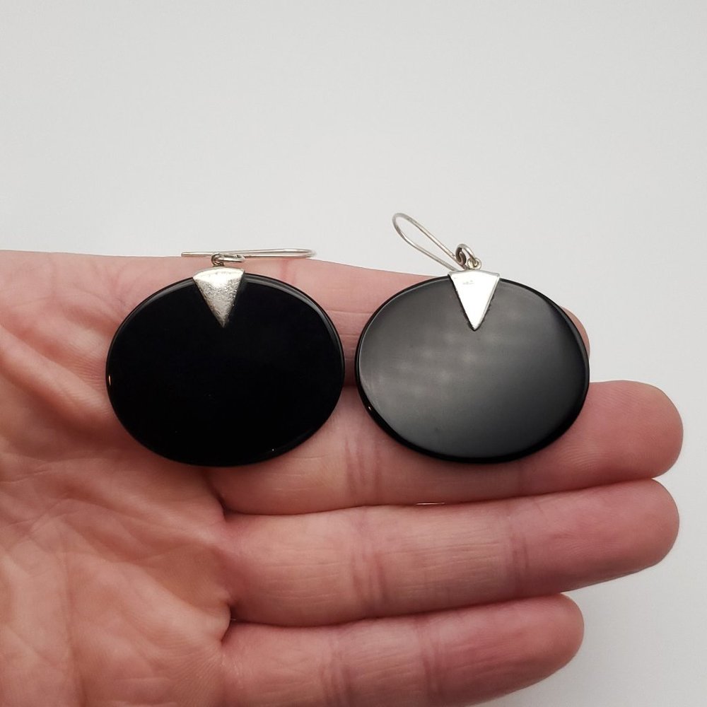 925 Sterling Silver Unique Large Oval Black Stone Dangle Earrings